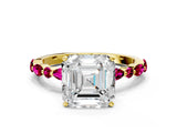Yellow gold Asscher Cut Diamond Ring with Marquise and Round with Garnet side stone Side Stones and Four-Prong Setting_24