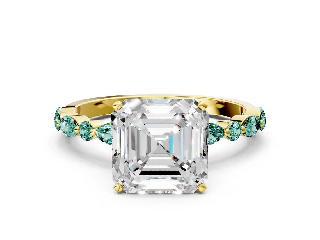 Yellow gold Asscher Cut Diamond Ring with Marquise and Round with Green Sapphire side stone Side Stones and Four-Prong Setting_12