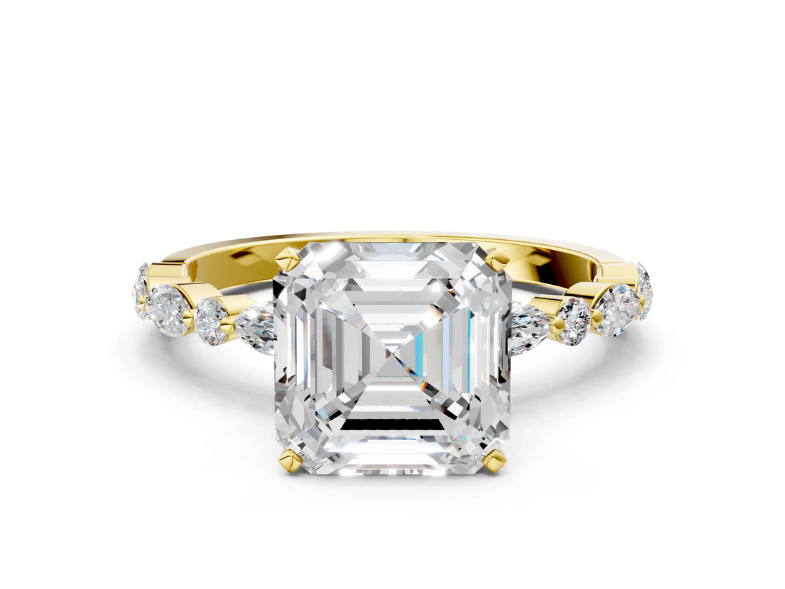 Yellow gold Asscher Cut Diamond Ring with Marquise and Round with Moissanite side stone Side Stones and Four-Prong Setting_36