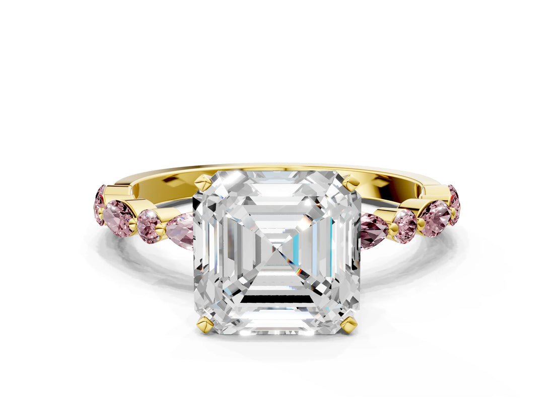 Yellow gold Asscher Cut Diamond Ring with Marquise and Round with Morganite side stone Side Stones and Four-Prong Setting_24