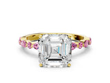 Yellow gold Asscher Cut Diamond Ring with Marquise and Round with Pink Sapphire side stone Side Stones and Four-Prong Setting_12