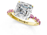Yellow gold Asscher Cut Diamond Ring with Marquise and Round with Pink Sapphire side stone Side Stones and Four-Prong Setting_13