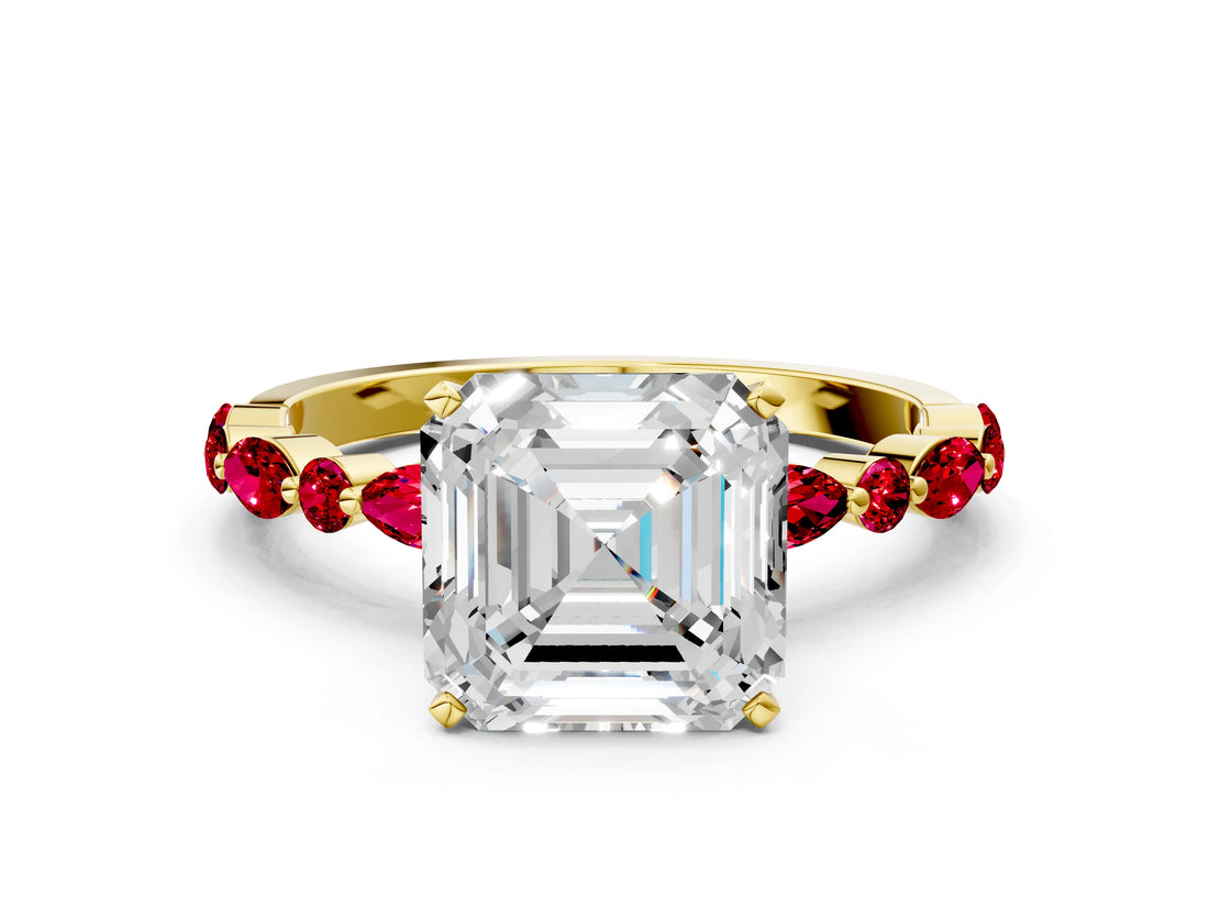 Yellow gold Asscher Cut Diamond Ring with Marquise and Round with Ruby side stone Side Stones and Four-Prong Setting_36