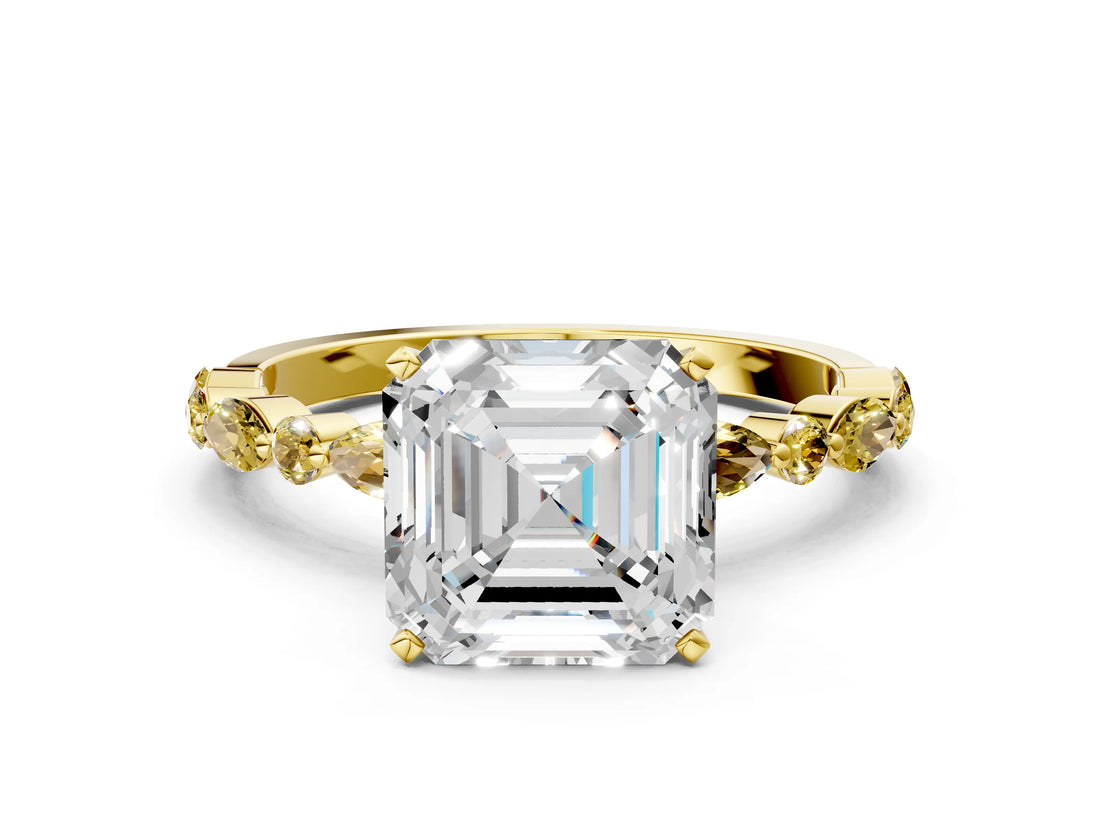 Yellow gold Asscher Cut Diamond Ring with Marquise and Round with Yellow Sapphire side stone Side Stones and Four-Prong Setting_24