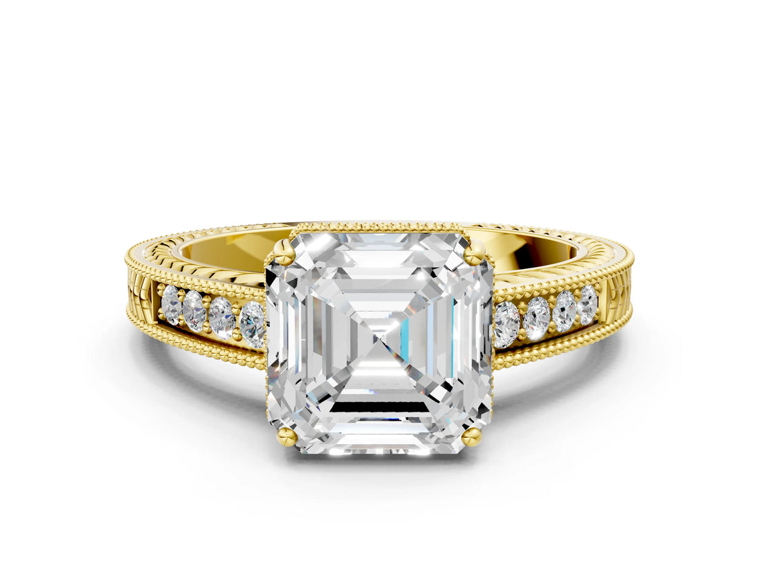 Yellow gold Asscher Cut Diamond Ring with Milgrain Pavé Band and Four-Prong Setting_20