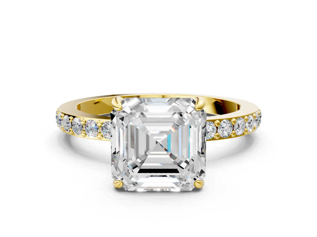 Yellow gold Asscher Cut Diamond Ring with Pavé Band and Four-Prong Setting_24