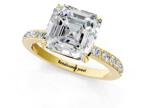 Yellow gold Asscher Cut Diamond Ring with Pavé Band and Four-Prong Setting_25