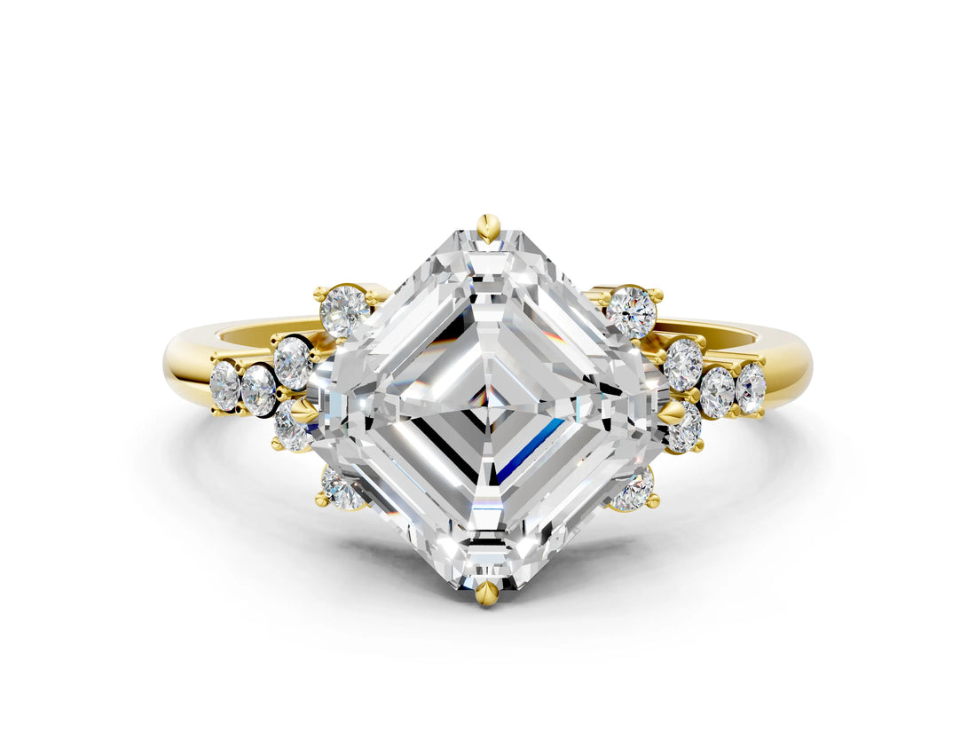 Yellow gold Asscher Cut Diamond Ring with Side Stones and Four-Prong Setting_65