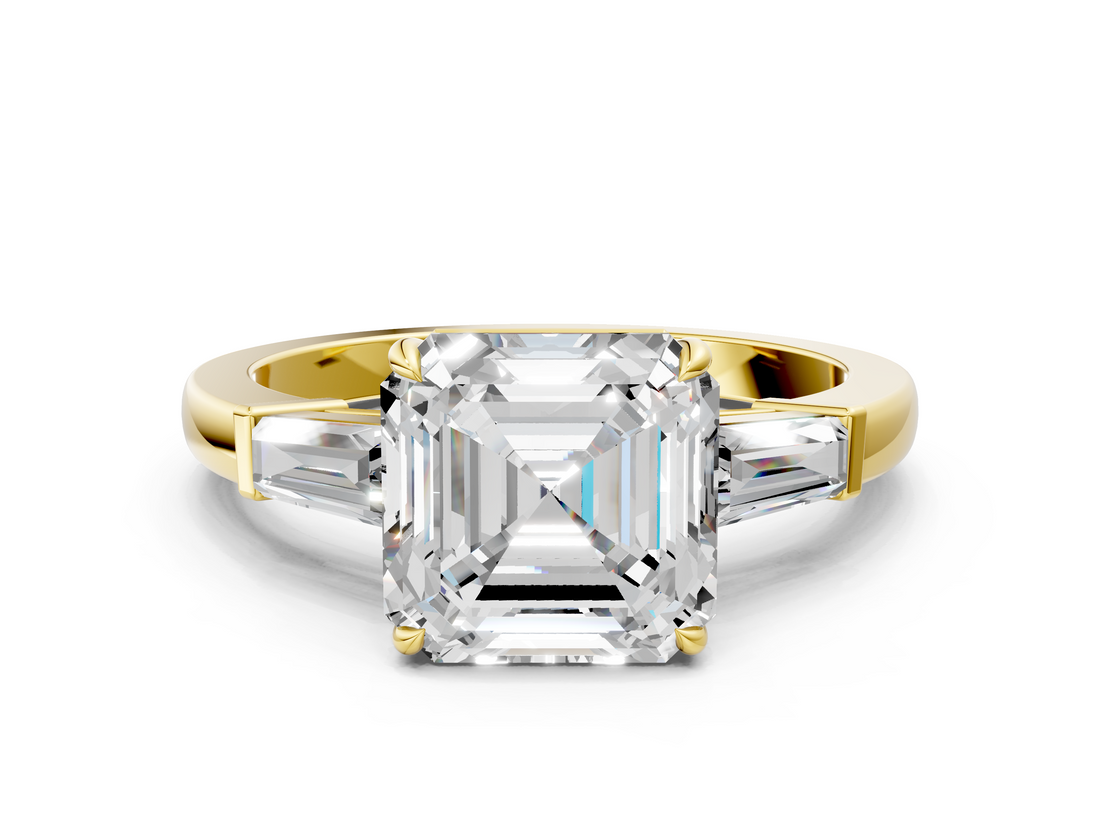 Yellow gold Asscher Cut Diamond Ring with Tapered Baguette Side Stones in Four-Prong Setting_11