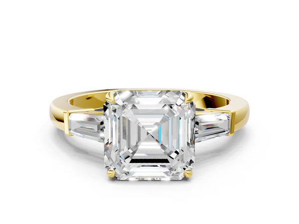 Yellow gold Asscher Cut Diamond Ring with Tapered Baguette Side Stones in Four-Prong Setting