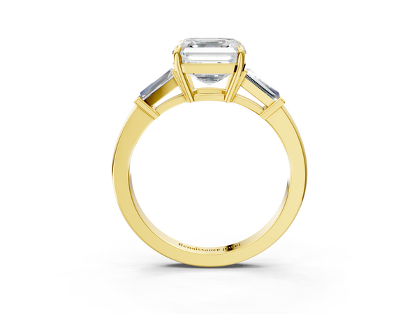 Yellow gold Asscher Cut Diamond Ring with Tapered Baguette Side Stones in Four-Prong Setting