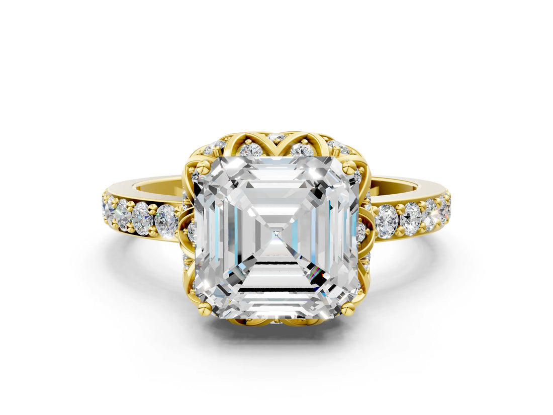 Yellow gold Asscher Cut Diamond Scalloped Halo Engagement Ring with Round Shared Prong Band_12