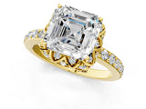 Yellow gold Asscher Cut Diamond Scalloped Halo Engagement Ring with Round Shared Prong Band_13