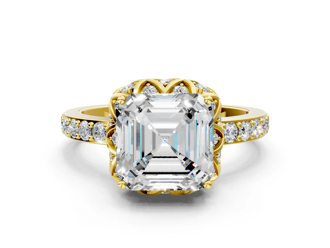 Yellow gold Asscher Cut Diamond Scalloped Halo Engagement Ring with Round Shared Prong Band_24