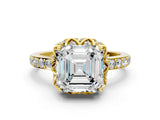 Yellow gold Asscher Cut Diamond Scalloped Halo Engagement Ring with Round Shared Prong Band_24