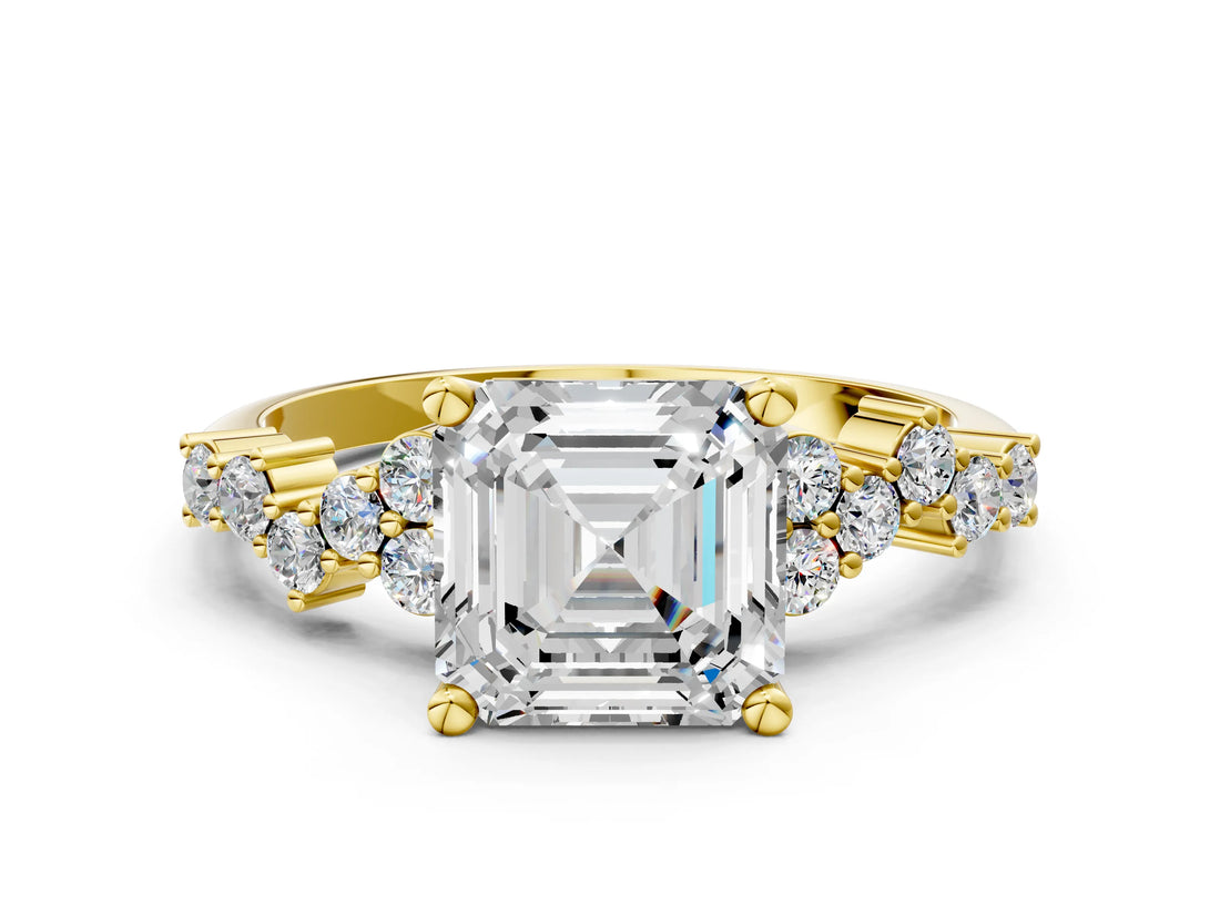 Yellow gold Asscher Cut Diamond Scattered Round Accent Ring with Prong Setting_12