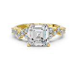 Yellow gold Asscher Cut Diamond Scattered Round Accent Ring with Prong Setting_12