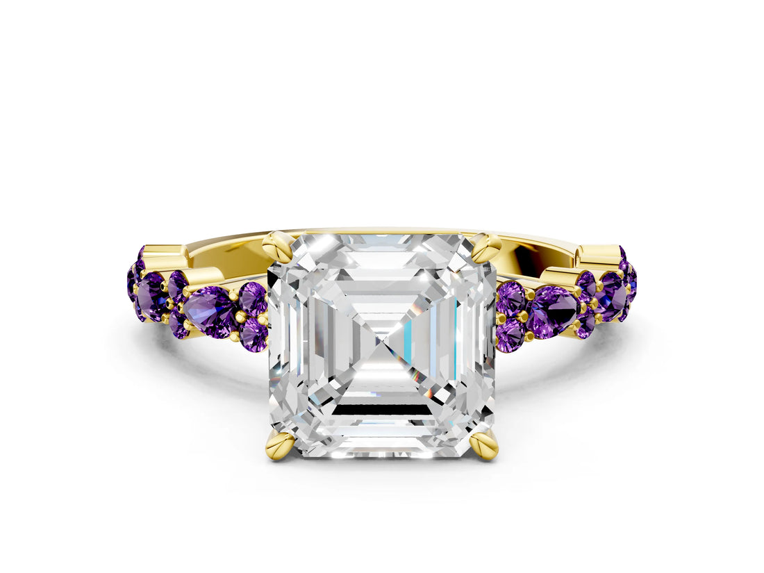 Yellow gold Asscher Cut Diamond Side Stone Solitaire Ring with Round with Amethyst side stone and Four-Prong Setting