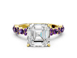 Yellow gold Asscher Cut Diamond Side Stone Solitaire Ring with Round with Amethyst side stone and Four-Prong Setting