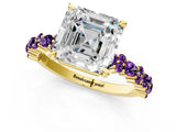 Yellow gold Asscher Cut Diamond Side Stone Solitaire Ring with Round with Amethyst side stone and Four-Prong Setting_1