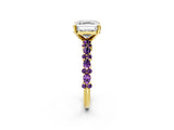 Yellow gold Asscher Cut Diamond Side Stone Solitaire Ring with Round with Amethyst side stone and Four-Prong Setting_2