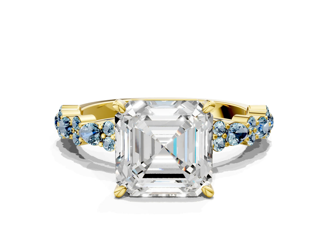 Yellow gold Asscher Cut Diamond Side Stone Solitaire Ring with Round with Aquamarine side stone and Four-Prong Setting