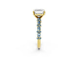 Yellow gold Asscher Cut Diamond Side Stone Solitaire Ring with Round with Aquamarine side stone and Four-Prong Setting_2