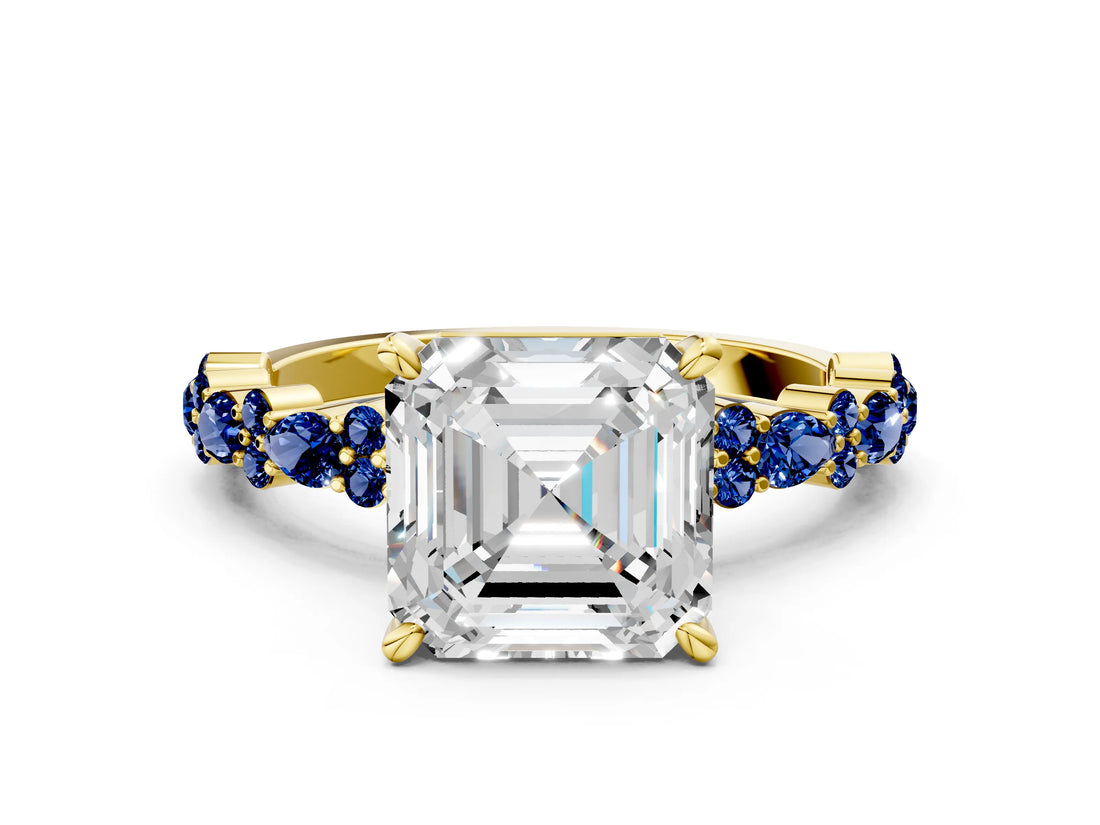 Yellow gold Asscher Cut Diamond Side Stone Solitaire Ring with Round with Blue Sapphire side stone and Four-Prong Setting