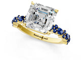 Yellow gold Asscher Cut Diamond Side Stone Solitaire Ring with Round with Blue Sapphire side stone and Four-Prong Setting_1