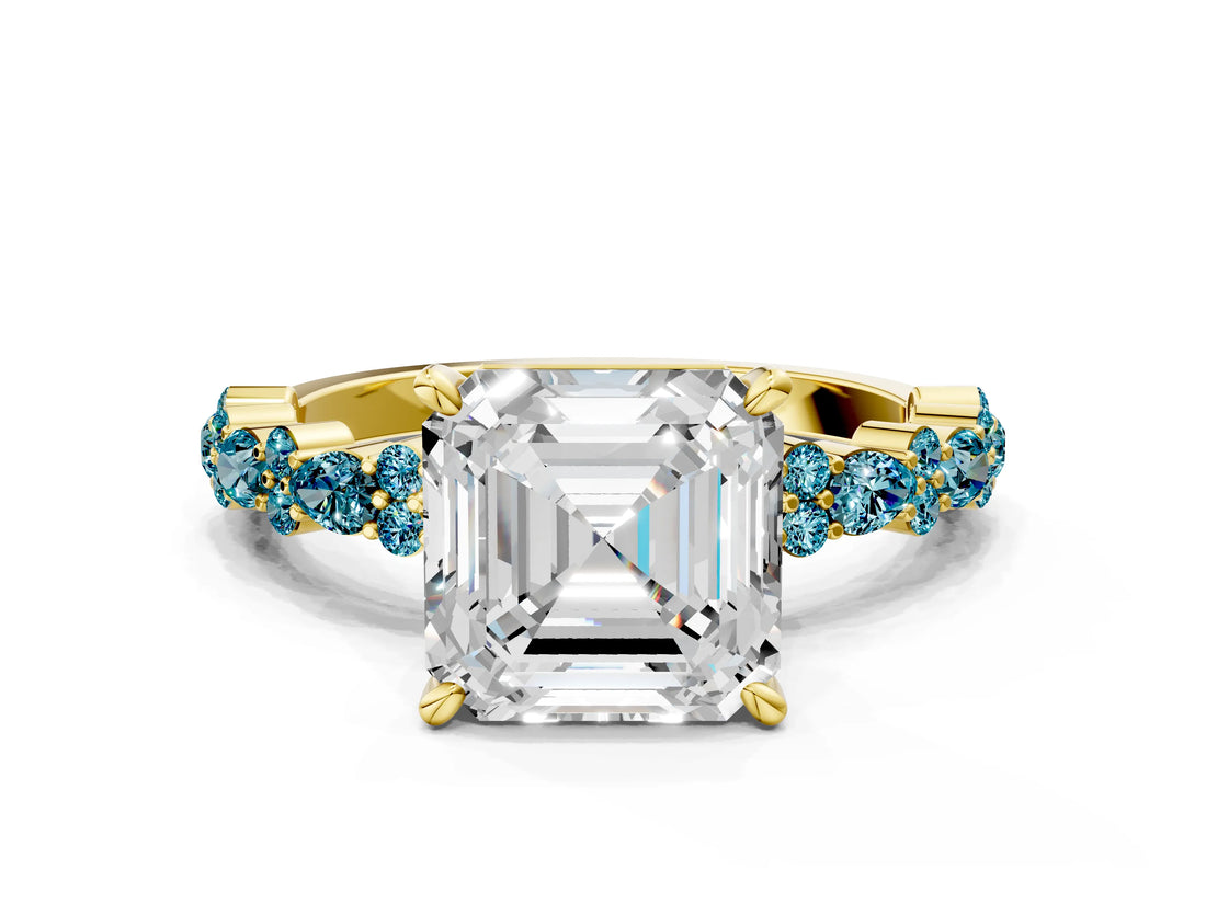 Yellow gold Asscher Cut Diamond Side Stone Solitaire Ring with Round with Blue Topaz side stone and Four-Prong Setting