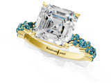 Yellow gold Asscher Cut Diamond Side Stone Solitaire Ring with Round with Blue Topaz side stone and Four-Prong Setting_1