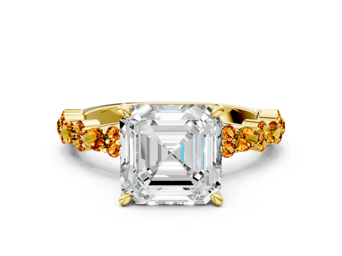 Yellow gold Asscher Cut Diamond Side Stone Solitaire Ring with Round with Citrine side stone and Four-Prong Setting