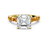 Yellow gold Asscher Cut Diamond Side Stone Solitaire Ring with Round with Citrine side stone and Four-Prong Setting
