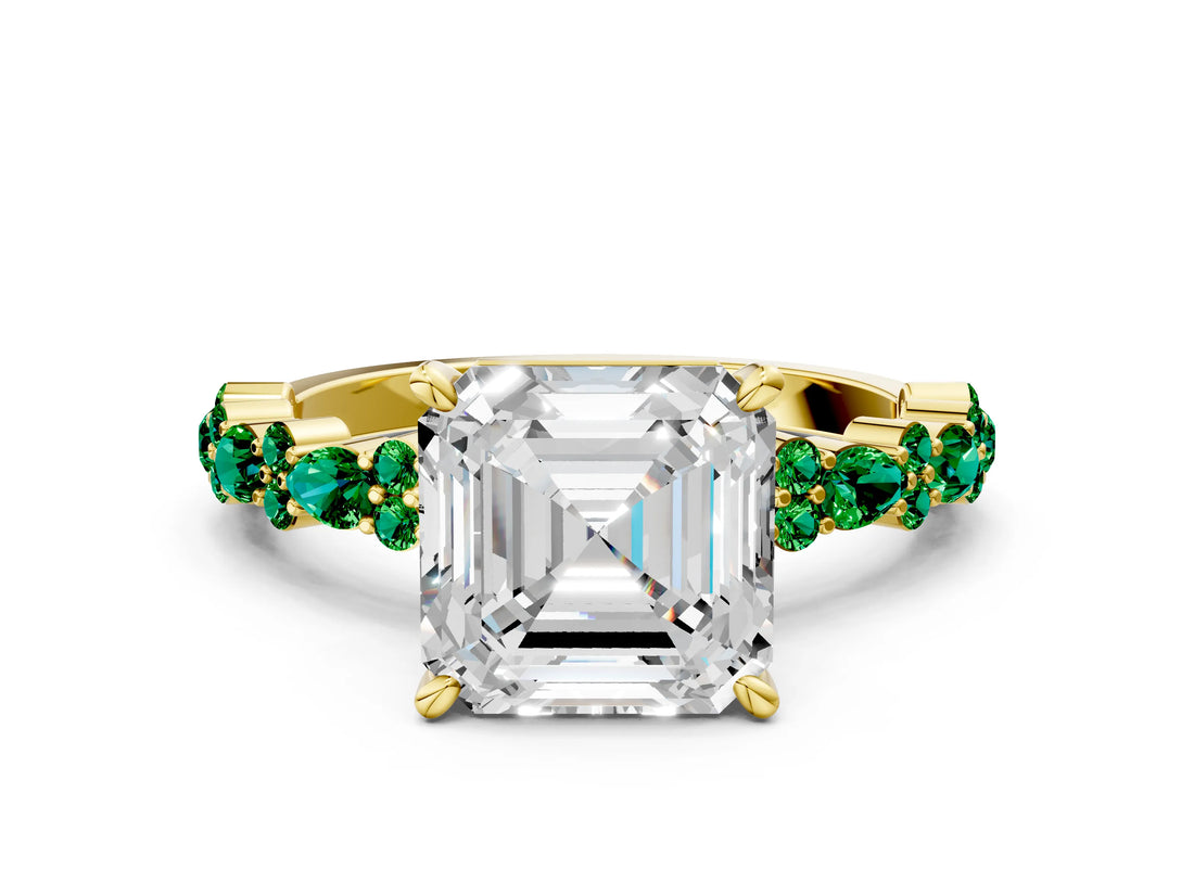 Yellow gold Asscher Cut Diamond Side Stone Solitaire Ring with Round with Emerald side stone and Four-Prong Setting