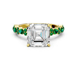 Yellow gold Asscher Cut Diamond Side Stone Solitaire Ring with Round with Emerald side stone and Four-Prong Setting