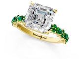 Yellow gold Asscher Cut Diamond Side Stone Solitaire Ring with Round with Emerald side stone and Four-Prong Setting_1