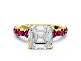 Yellow gold Asscher Cut Diamond Side Stone Solitaire Ring with Round with Garnet side stone and Four-Prong Setting