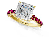 Yellow gold Asscher Cut Diamond Side Stone Solitaire Ring with Round with Garnet side stone and Four-Prong Setting_1