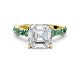 Yellow gold Asscher Cut Diamond Side Stone Solitaire Ring with Round with Green Sapphire side stone and Four-Prong Setting