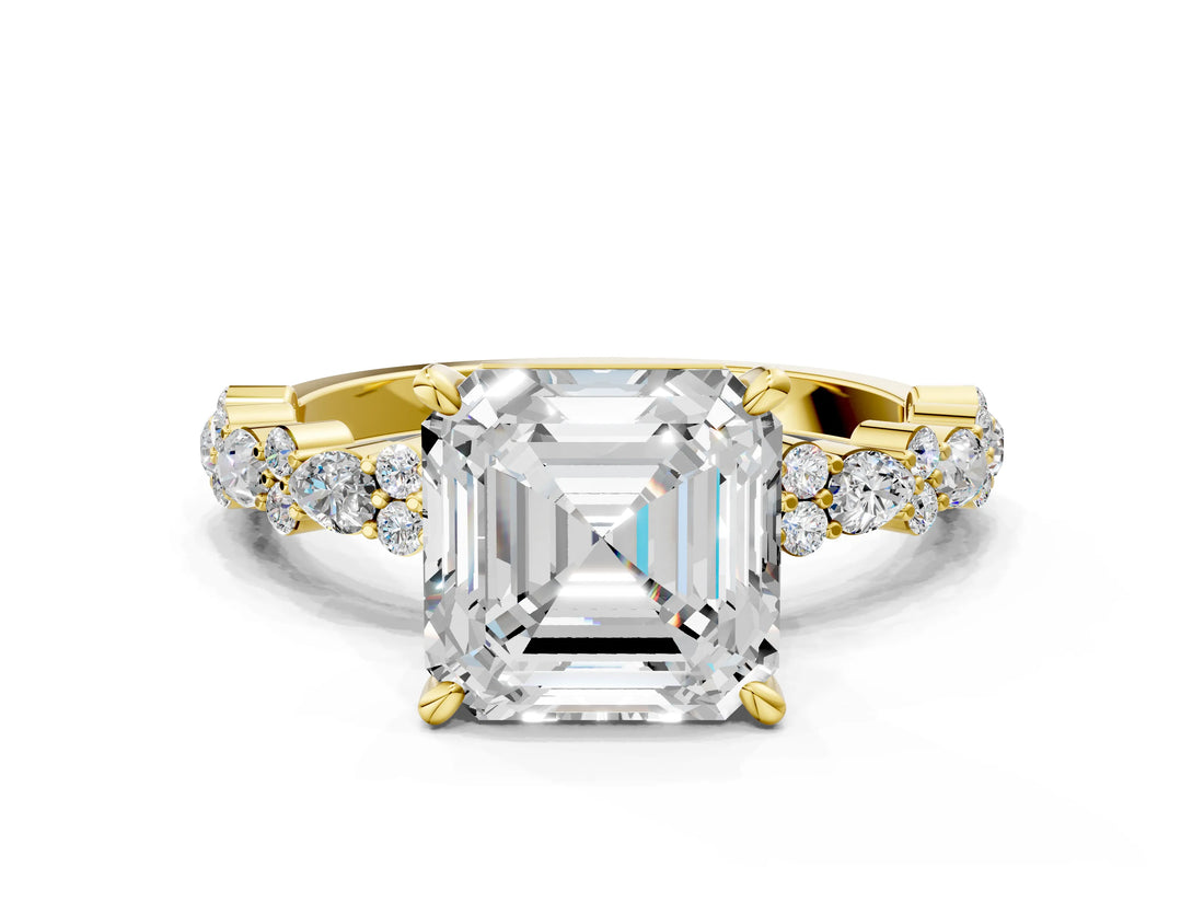 Yellow gold Asscher Cut Diamond Side Stone Solitaire Ring with Round with Moissanite side stone and Four-Prong Setting