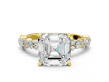 Yellow gold Asscher Cut Diamond Side Stone Solitaire Ring with Round with Moissanite side stone and Four-Prong Setting