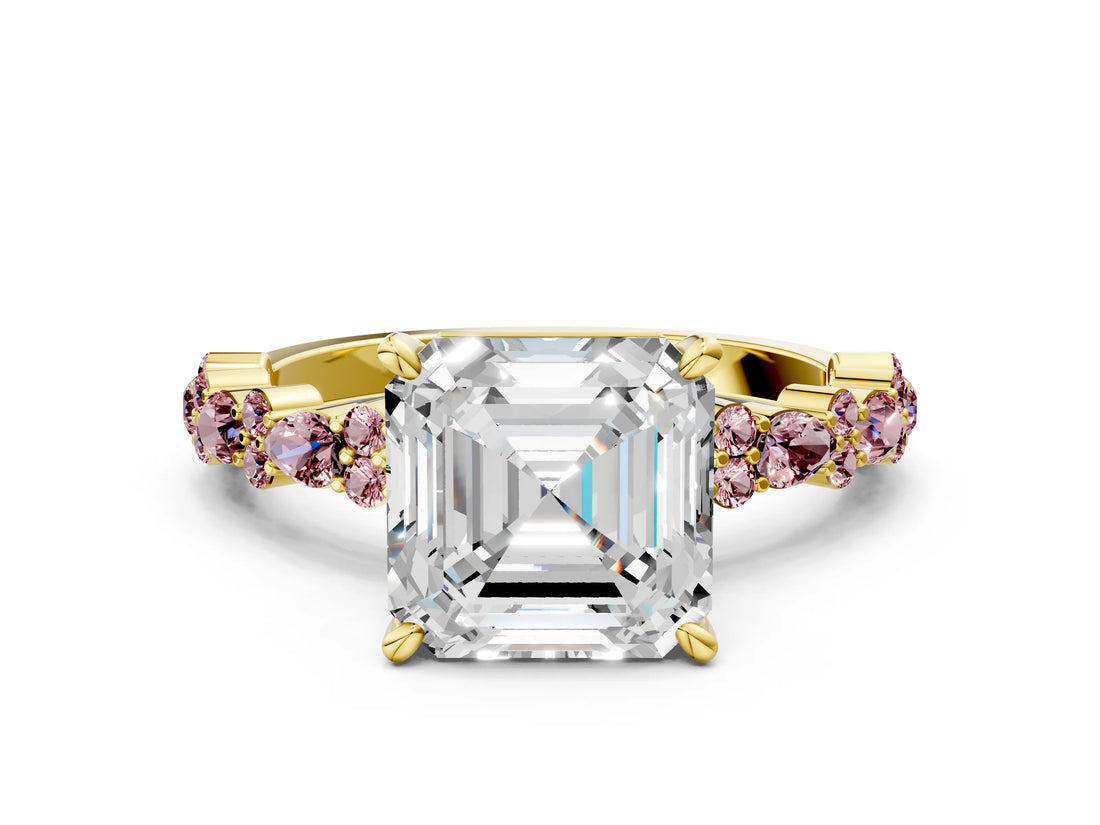 Yellow gold Asscher Cut Diamond Side Stone Solitaire Ring with Round with Morganite side stone and Four-Prong Setting