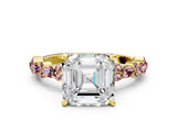 Yellow gold Asscher Cut Diamond Side Stone Solitaire Ring with Round with Morganite side stone and Four-Prong Setting
