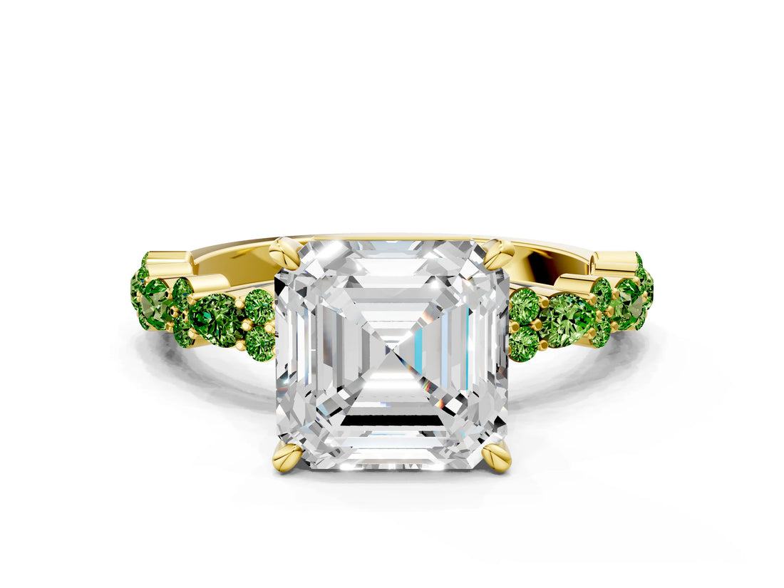 Yellow gold Asscher Cut Diamond Side Stone Solitaire Ring with Round with Peridot side stone and Four-Prong Setting