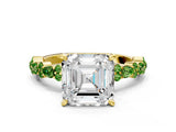 Yellow gold Asscher Cut Diamond Side Stone Solitaire Ring with Round with Peridot side stone and Four-Prong Setting