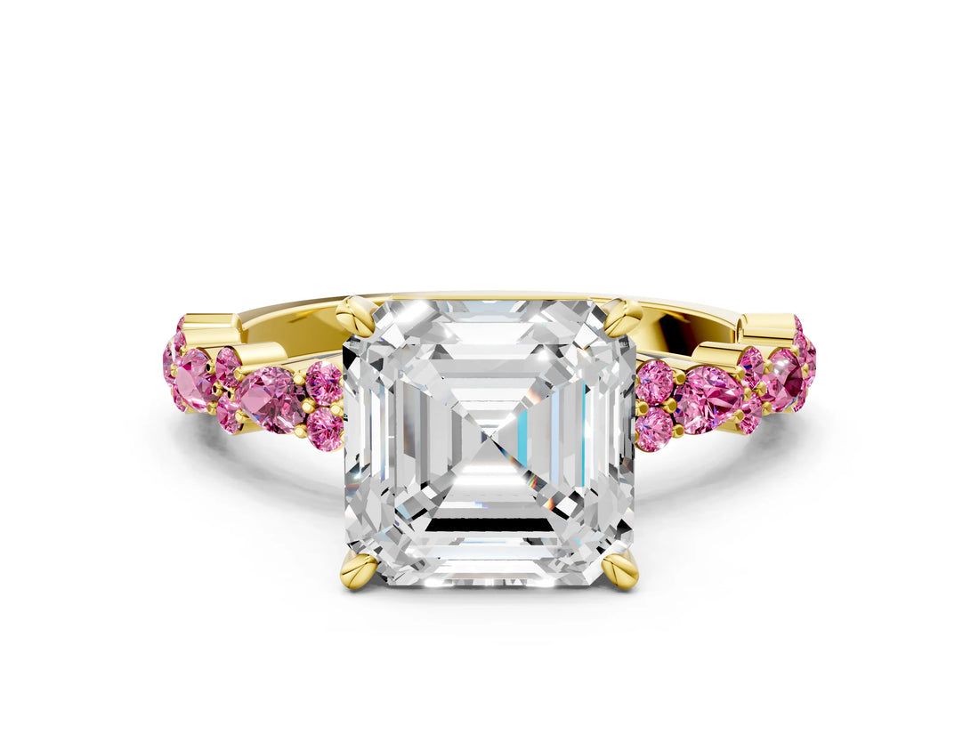 Yellow gold Asscher Cut Diamond Side Stone Solitaire Ring with Round with Pink Sapphire side stone and Four-Prong Setting