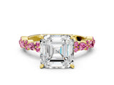 Yellow gold Asscher Cut Diamond Side Stone Solitaire Ring with Round with Pink Sapphire side stone and Four-Prong Setting