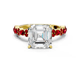 Yellow gold Asscher Cut Diamond Side Stone Solitaire Ring with Round with Ruby side stone and Four-Prong Setting