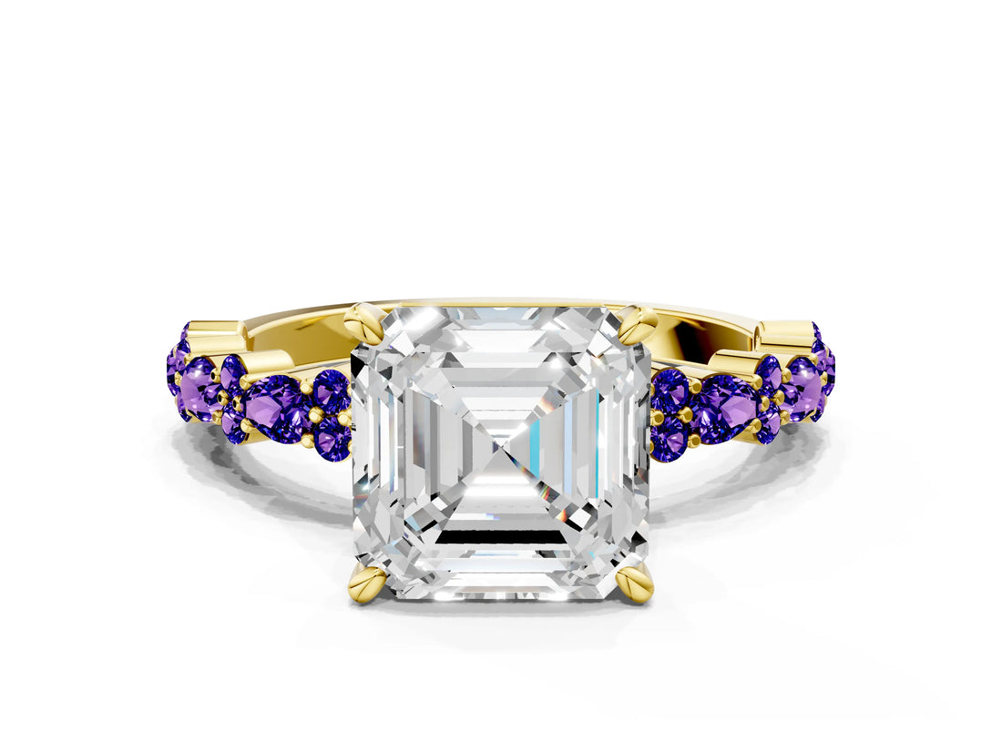 Yellow gold Asscher Cut Diamond Side Stone Solitaire Ring with Round with Tanzanite side stone and Four-Prong Setting
