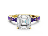 Yellow gold Asscher Cut Diamond Side Stone Solitaire Ring with Round with Tanzanite side stone and Four-Prong Setting